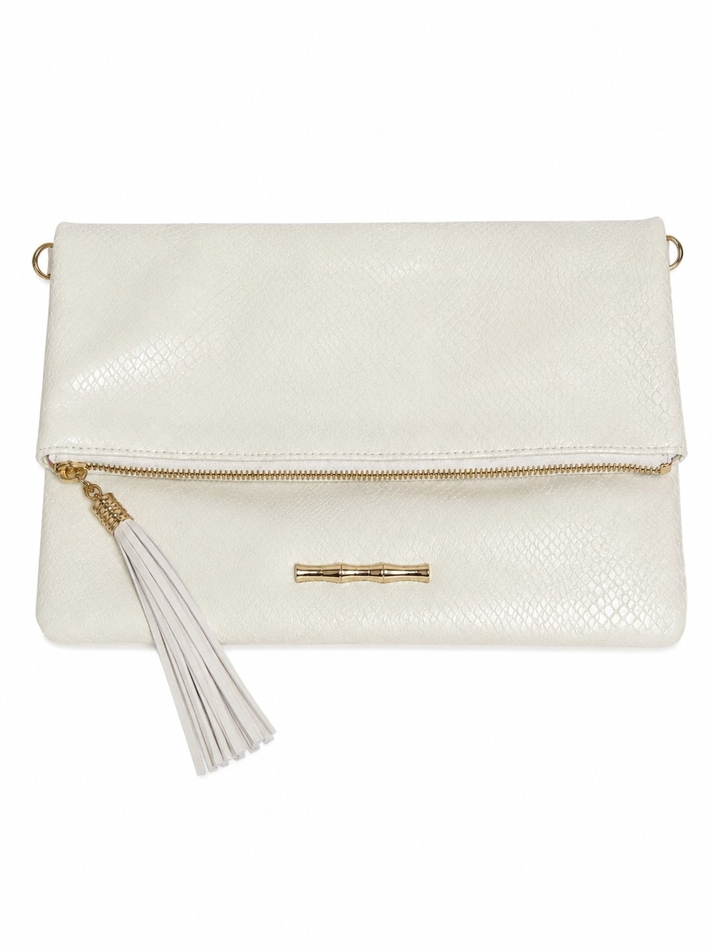 Elaine Turner White/Cream Leather Foldover Clutch with Tassel